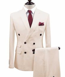 Men's Suits 2 Pieces White champagne Double-breasted Jacket Slim Fit Business Groom Tuxedos for Wedding Evening Blazer+Pants X0909