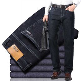 Winter Men's Warm Jeans Classic Style Thicken Denim Elastic Slim Fit Black Jean Pants Male Brand Casual Business Blue 211108