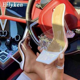 Eilyken PVC Transparent Crystal Sun Flowers Buckle Womens Slippers Summer Square Toe Ladies Strange High Heels Sandals Shoes Y220211