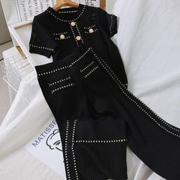 O-Neck Button Patchwork Summer Short Knitwear Pullovers And Stripe Wide Leg Pants Women Vintage Elegant Knitted Two Peice Set X0428