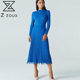 Women Dress Long Sleeve Knitting Pleated Dresses Pink Blue Red Plus Size Vintage Autumn Winter 210513