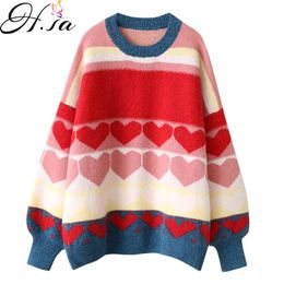 H.SA Women Winter Sweet Pullovers Knit Heart Printed Casual Jumpers Lantern Sleeve Oversized Kawaii Suter Mujers 210417