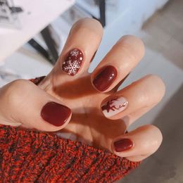Glossy Christmas acrylic Nails Red Short Square Press on Fake Nail Snowflake Full Cover False Fingernails for Women and Girls 24PCS