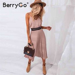 BerryGo Sexy spaghetti strap summer dress women A-line hot pink female pleated midi dress Casual office ladies party dresses new 210331