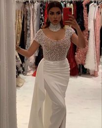 plus size satin jacket UK - White Pearls Arabic Kaftan Evening Dress 2021 Short Sleeves High Neck Dubai Formal Gowns Long Ladies Prom Dresses Robe De Soriee