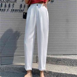 Summer Thin Korean Cotton Linen Harem Pants Trousers Women Button Fly Solid Casual Fashion Female Ankle-length Capris 210513