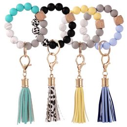 Jewelry Silicone Beads Keychain Wooden Tassel String Chain Bracelet Key Ring Women Girl Wrist Strap Keychains Fashion Accessories 15 Designs BT6594