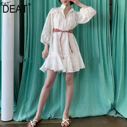 Women White Embroidery Hollow Bandage Dress Stand Collar Long Sleeve High Waist Fashion Tide Summer 7D00586 210421