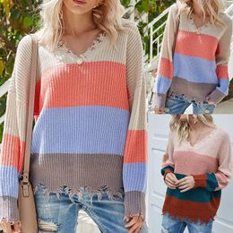 fringe sweater Canada - V-Neck Women'S Fringed Striped Contrast Color Sweater Long Sleeve Backless Pullover Sweaters