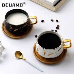 Luxury Nordic Marble Ceramic Coffee cups Condensed Coffee Mugs Cafe Tea breakfast Milk Cups Saucer Suit with Dish Spoon Set Ins 210804