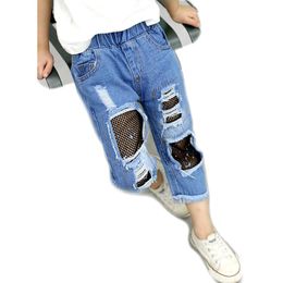 Jeans Spring And Autumn Hole Mesh Girl Children Baby Old Pants Denim Tide Girls Ripped 3-10 Ages