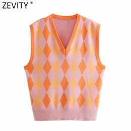 Women Vintage Colour Matching Argyle Pattern Loose Vest Sweater Lady V Neck Sleeveless Waistcoat Chic Pullovers Tops SW698 210420