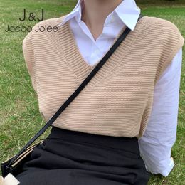 Jocoo Jolee Women Sleeveless Korean Style Outwear Elegant V Neck Knitted Sweater Vest Autumn Harajuku Waistcoat Vintage Pullover 210518