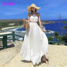 LDYRWQY summer Korean version sexy temperament white slim sling with backless fashion dress Office Lady Polyester 210416