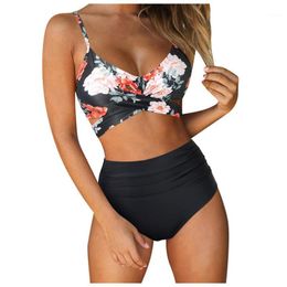 Women's Swimwear Boho Floral Print Bikini Women Crisscross High Waisted String Printed 2 Piece Bathing Swimsuit Maillot De Bain