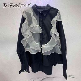 Hit Color Patchwork Mesh Shirts For Women Lapel Long Sleeve Casual Straight Blouses Female Spring Fashion 210524