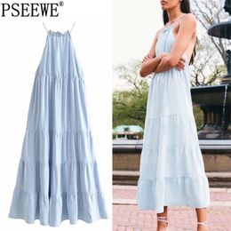Summer Woman Dresses Blue Backless Long Women Ruffle Sleeveless Slip Midi Ruched Strap Sexy Sundress 210519