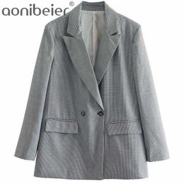 Houndstooth Blazer Spring Autumn Notched Collar Double Breasted Office Lady Suit Jacket Female Loose Tops 210604