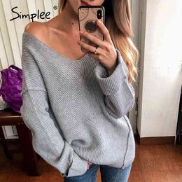 Sexy V neck women solid sweater Casual long sleeve female knitted pullover Autumn winter loose style ladies jumper 210414