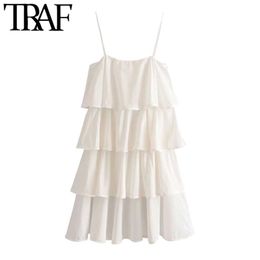 TRAF Women Sweet Fashion Ruffle Trim Mini Dress Vintage Straight-cut Neck Sleeveless Thin Straps Female Dresses Mujer 210415