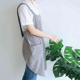 Waterproof Women Cotton Linen Cross Back Apron Japanese Housework Kitchen Cooking Double Pocket Florist Working 210629