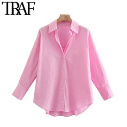 TRAF Women Fashion Loose Asymmetry Poplin Blouses Vintage Long Sleeve Button-up Female Shirts Blusas Chic Tops 210415