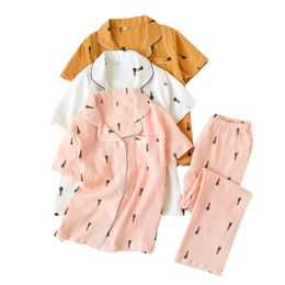 Korean sweet Fresh sleepwear women 100% crepe cotton short sleeve trousers pyjamas Japanese pajamas sets women summer New 210330