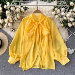 SINGREINY Women Korean Sweet Blouse Elegant Bow Collar Puff Sleeve Office Blouses Autumn Casual Loose Fashion Streetwear Tops 210419