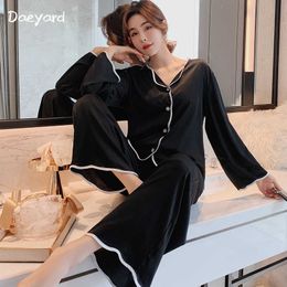 Daeyard Solid Simple Sleepwear Women Silk Satin Long Sleeve Pyjama Set Spring Casual Loose Homewear Sexy V-Neck Pijama Q0706