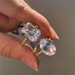 Trendy Female Crystal Square Oval Ring Charm Gold Colour Thin Wedding Rings For Women Dainty Bride White Zircon Engagement