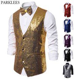 Shiny Gold Sequin Sparkling Waistcoat Men Slim Fit V Neck 2 Pieces Mens Vest with Bowtie Wedding Party Stage Prom Costume Gilet 210522