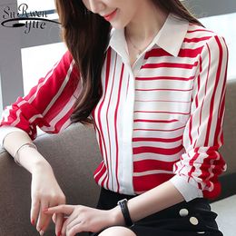 Femal Slim Shirts Striped Women Autumn Korean Full Sleeve Turn-down Collar Chiffon Blouses 6108 50 210427