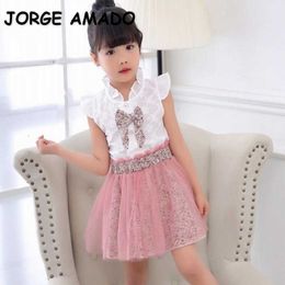 Summer Girls 2-pcs Sets Sleeveless Bow White Top + Floral Skirt Kids Clothes Outfits E1024 210610