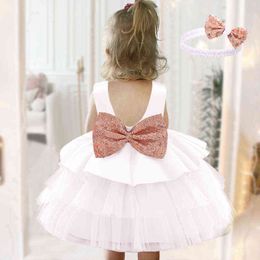 2021 White Golden Bow Baptism 2 1 Year Birthday Dress For Baby Girl Clothing Princess Dresses Party Dress Backless Headband 2PC G1129