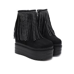 Autumn Shoes Women 2021 Platform Black Boots 13cm Heeled Wedges Shoes For Women Tassel Ankle Boots For Women Bottine Fille