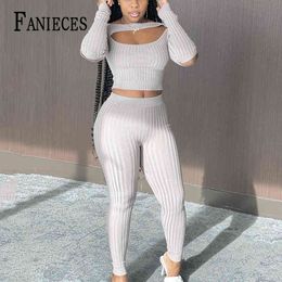 Women Summer Casual two pieces set tracksuit elastic skinny long sleeve crop top and Pants sportswear 2 slim outfit 210520