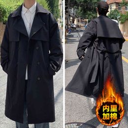 Korean style Winter Warm Cloak Trench Coat Male Streetwear Windbreaker Trenchcoat Men Solid Business Casual Loose Long Overcoat 211106