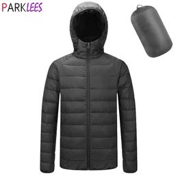 Men's Packable Lightweight Puffer Jacket Hooded Winter Windproof Casual Warm Cotton Padded Black Coat Outerwear for Men 3XL 210522