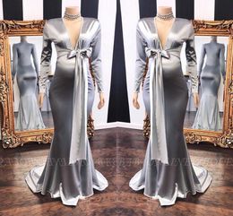 Silver Maternity Cocktail Party Dresses Sexy Deep V Neck Long Sleeve Mermaid Evening Gowns Bridal Receiption Wears BC9582