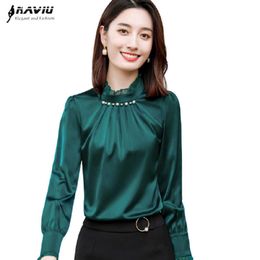 Satin Green Shirt Women Fashion Temperament Spring Stand Collar Ruffles Long Sleeve Blouses Office Ladies Work Tops 210604