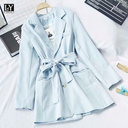 LY VAREY LIN Autumn Winter Women Suit Jackets Tailored Collar Sashes Tie Up Pockets Single Breasted Blue Slim Outerwear 210526