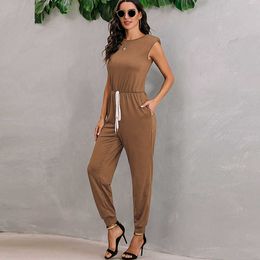 Sexy Shoulder Pads Sleeveless Elastic Waist Lace Up Jumpsuit Women Summer Solid Casual Pocket Long Rompers Female Playsuit 210526
