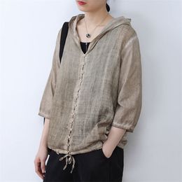 Summer Arts Style Women 3/4 Sleeve Thin Loose Short Jackets Coats All-matched Casual Hooded Linen Coat M254 210512