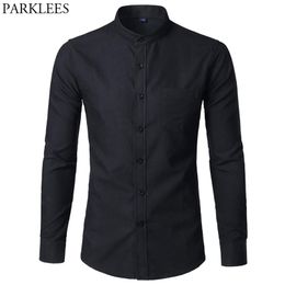 Men's Oxford Slim Fit Dress Shirt Brand Mandarin Collar Long Sleeve Chemise Homme Casual Buisness Office With Pocket Black 210721