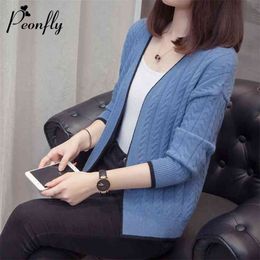 PEONFLY Knitted Cardigan Women Autumn Long Sleeve V Neck Women's Sweater Female Open Stitch Pull Femme Blue 210922