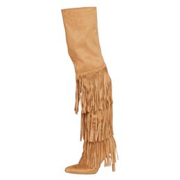 Boots Over-the-knee Women's Brown Knee Length Tassel Super High Heeled Thin Heels Thigh Boot Shoes Woman Femmes Chaussures Botas