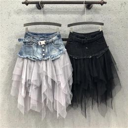 Skirts Punk Fashion Lady Mesh Spliced Adjustable Buckle Strap Pocket Street Black Blue Gothic Women Cool Denim Mini Skirt 2021