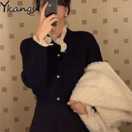 Women's Black Knitting Skirt Suit Vintage Sweater Lace Coat Cardigan+High Waist Warm Wool Pleated Winter Two-Piece Set 210421