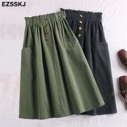 button Midi Skirt Women Spring Summer Casual elegant High Waist pocket skirt female Korean Washed cotton A-line 210621