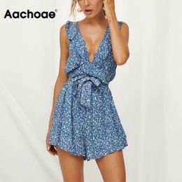 Summer Floral Print Women Short Playsuits Sexy Deep V Neck Beach Jumpsuit Sleeveless Back Hollow Out Lady Chic Romper 210413